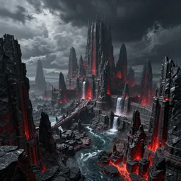 beautiful fantasy city made from black stone and red iron, medieval city, metropolis, magic, waterways, waterfalls, dark gorgeous clouds, black marble, lava,, digital art, landscape, fantasy art, octane render, unreal engine, high detail, very realistic, by greg rutkowski. by james gurney