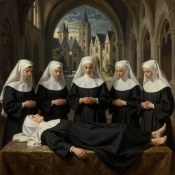 a painting of a body on a table, with nuns in white veils, cinematic keyframe of a medieval hospice building in a gothic medieval town, by greg rutkowski, rule of thirds, golden ratio, ambient lighting, wlop, artgerm, artstation, highly detailed masterpiece, dark fantasy art, intricate details, elegant, ultra realistic