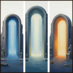 triptych style painting showing portals to another world, digital, detailed artist, wlop artgerm