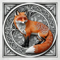 fox carving art, cell shading, voronoi,fibonacci sequence, sacred geometry by Alphonse Mucha, Moebius, hiroshi yoshida, Art Nouveau, colorful, ultradetailed, black and white, 3d