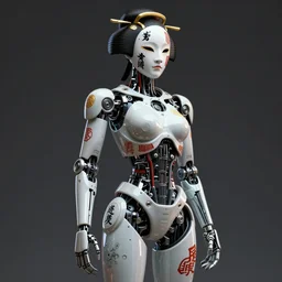 full body portrait of a highly advanced digital robot with a porcelain japanese geisha face mask with kanji tattoos and decals, japanese model, octane render, intricate details, ultra realistic, dramatic lighting
