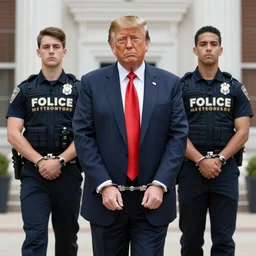front view of a single Donald Trump wearing handcuffs escorted by two young FBI agents wearing uniforms at golf course, photo by Alex Webb, press photo, Reuters media