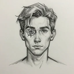 A drawing of a man in his mid-30's with a rose for an eye, drawn, sketch, dungeons and dragons, slender facial features, quiet