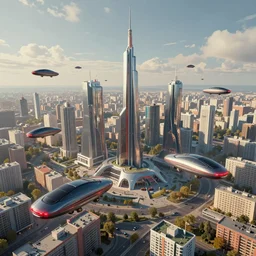 soviet city futuristic landscape with flying cars, made by Joe Fenton