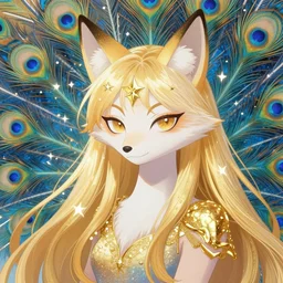 portrait from an anime of an ethereal colorful gold blue starry peacock fox character accented in bright metallic gold, wearing star filled magic imbued mage robes, art by yuji ikehata, background art by miyazaki, serious cartoon, realism, proper human proportions, fully clothed