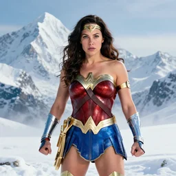 a photo of elon musk as wonder woman in a mountain full of snow,4k
