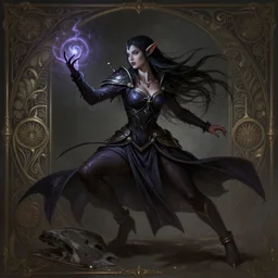 Female Dark Elf casting a spell in a dynamic pose, D&D, fantasy, intricate, elegant, highly detailed, digital painting, artstation, concept art, matte, sharp focus, illustration, Arcane, art by Artgerm and Greg Rutkowski and Alphonse Mucha n- 9