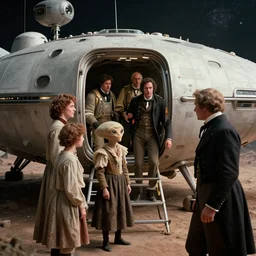 70mm still from a sci fi blockbuster movie made in 3222, set in 1860, of a human family leaving a spaceship, that has just landed on an alien planet, and meeting a friendly humanoid alien, wearing 1850s era clothes, cinematic lighting, 8k, in focus faces, oscar winner, high quality photography
