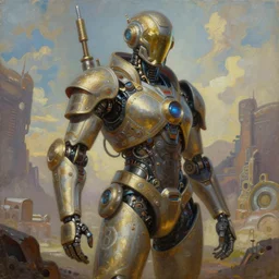 a beautiful oil on canvas of a futuristic afrofuturistic robot soldier, ornate, detailed, intricate, beautiful, stunning, post - apocalyptic landscape in the background, epic sky, vray render, artstation, deviantart, pinterest, sci - fi, afrofuturism, 5 0 0 px models