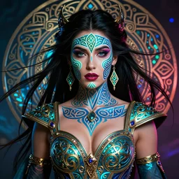 colorful portrait of the beautiful celtic queen with sexy neckline and with traditional celtic face painting in the style of luis royo and in the style of wayne barlowe. glowing, ornate and intricate, stunning, dynamic lighting, intricate and detailed.