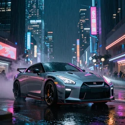 GTR XU1 car, Futuristic Asian city at night with rain, Cyberpunk style, Neon lights, Matte painting, cinematic lighting, corona render, smoke, light rays, 8k