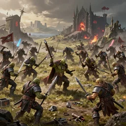wide landscape shot of warhammer orcs fighting pirate vampires, trending on artstartion