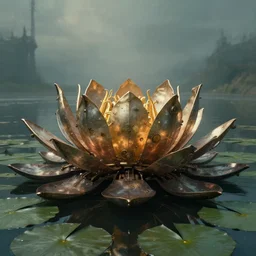 a huge mechanical water lilly, cinematic light, slightly steampunk, far away, in the style of h. r. giger and martin johnson heade,