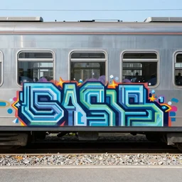full train graffiti showing retrofuturism escher motif