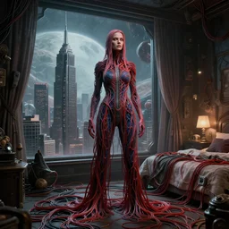 rgb, woman, skyscrapers, on an alien planet, movie scene, inspired by zdzislaw beksinski, clothes made out of veins,, cables everywhere, bedroom, ultra realistic, concept art, intricate details, highly detailed, photorealistic, octane render, 8 k