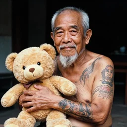ultra realistic photo of thai oldman with full - bodied cute and lovely tattoos over the years, with their teddy bear. 8 0 s. lighting dim. kodak etkar 1 0 0. awards winner photographers.