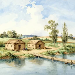 watercolor landscape of mud huts near a river crossing by albrecht durer and ( turner ), masterpiece