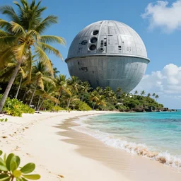 a tropical beach, with the star wars death star floating in the sky in the backround
