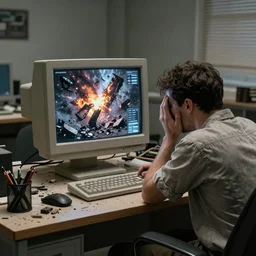 a high resolution photo of a sad man in a messy office room watching the collapse of the entire universe live stream on a vintage computer screen, storm, fire, earthquake, debris,