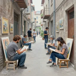 a group of people trading art in a city alley, an ultrafine detailed painting by john philip falter, shutterstock, american scene painting, movie still, concert poster, poster art