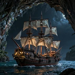 photo of a pirate ship in front of a jamaican shoreline cliff with a cave at night, atmospheric lighting, intricate, ultra detailed, well composed, best on artstation, cgsociety, epic, stunning, gorgeous, intricate detail, wow, masterpiece