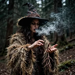 1 9 2 0 s spirit portrait photography of alpine forest witch with hay cloth in the dolomites, smoke from mouth, casting a root spell, inviting hand, witchy, wicca, by william hope, dark, eerie, grainy