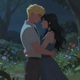 highly detailed, stoic butch tomboy princely short - haired blonde named val wearing pants, and beautiful femme romantic black - haired woman named odyl, embracing in garden at night, falling in love, romantic and dreamy, artstation, digital art, octane render