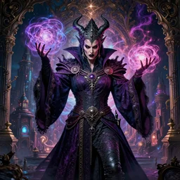 high fashion, beautiful mid body portrait of a middle aged, evil powerful wizard mage, intricate colorful cosmic uncontrollable magic battle, skyrim, witcher, rococo baroque gothic oriental eastern victorian cyberpunk city vista, artstation, tyle of artgerm, andreas rocha, hiroshi nagai