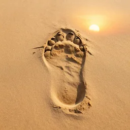 Footprint of a lion on sand in sunset