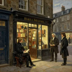 jean-Baptiste Monge and Solomon Joseph Solomon and Richard Schmid and Jeremy Lipking victorian genre painting painting of an english 19th century english bookshop store front on a stone city streat with shops and stores at night with cozy lights