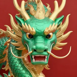 Portrait of the face of a Chinese beautiful dragon, with green and red scales, golden mask, sharp teeth, made of LEGO, in the style of LEGO