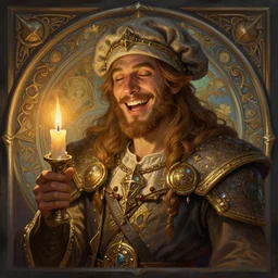 a mind - blowing portrait of a fortune seeker male, holding a candle, wearing a sleeping cap, joyful, d & d, fantasy, intricate, elegant, highly detailed, digital painting, artstation, concept art, matte, sharp, illustration, hearthstone, art by artgerm and greg rutkowski and alphonse mucha