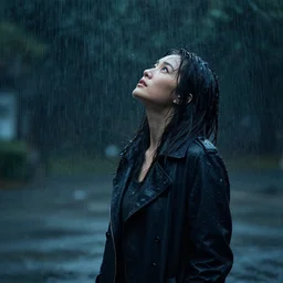 woman standing in the rain looking up, dramatic, long lens, anamorphic, photography