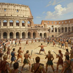 a historical depiction of an epic scene beneath the roman coliseum filled with dueling gladiators, spectators, in the style of greg rutkowski and remedios varo, digital painting, photorealistic, ornately detailed, unreal engine, extremely detailed masterpiece, illustration, trending on artstation