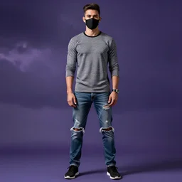professional sketch of a full-body view of a stylish young adult man with short hair wearing a black face mask, a striped long-sleeved shirt, and ripped jeans, high quality, HD, 8K, highly detailed, award-winning, dark purple clouds