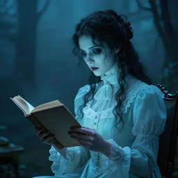 long shot, kodachromatic supernatural photography of an eerie ghost of a victorian woman reading, in a chair in a well - lit library room, torn photograph, 8 k