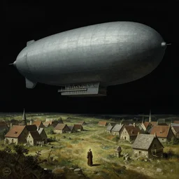 Medieval village on the plains, a villager looking up. The sky is completely covered to the horizon by an incredibly enormous colossal oversized massive airship-like ship. Extremely high detail, realistic, medieval fantasy art, black sky, masterpiece, art by Zdzisław Beksiński, Boris Vallejo