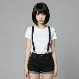 a woman with black hair and long pixie haircut in shorts with suspenders and white t-shirt drawn by moebius, gustave caillebotte, Alexandre Cabanel, norman rockwell, dominique ingres, maler collier, peter paul rubens, alphonse mucha, gustav klimt 4k, unreal 5, DAZ, french noveau, trending on artstation, octane render, hyperrealistic