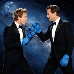 summer lyn glau fighting two men in tuxedos and blue rubber gloves in space
