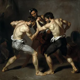 rappers in a brawl in a dark halley in the style of jean - leon gerome