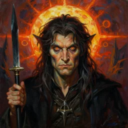 a vibrant portrait painting of a evil hobbit necromancer with piercing eyes in dark fantasy setting, centered, dying earth, darksun, art by frank frazetta, artgerm, michael whelan, chris riddell, greg rutkowski