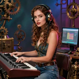 realistic portrait of a woman with brown hair, jeans, headset, synthesizer, computer, steampunk, vivid colors