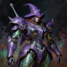 a baroque neoclassicist close - up renaissance portrait of a purple and green iridescent whimsical 1 8 0 0 s gundam mecha witch. reflective detailed textures. glowing colorful fog, dark background. highly detailed fantasy science fiction painting by moebius, norman rockwell, frank frazetta, and syd mead. rich colors, high contrast. artstation