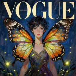 woman with butterfly wings, vogue magazine, elle magazine, greg rutkowski, gerardo dottori, john singer sargent, anime, trending on artstation, oil painting, intricate, fireflies