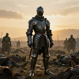 in the style of shannon perry, a skeleton knight in black full plate armor standing on the battlefield surrounded by dead bodies, golden hour, shallow depth of field, moody lighting, 8 k, concept art,