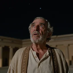 film still of 80 year old stunned Mediterranean skinned man in ancient Canaanite looking up at the nightime sky, story of Abraham directed by Stanley Kubrik