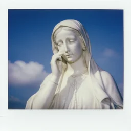 closeup of white mother mary statue crying, pictured slightly from below, clear sky with blue clouds in background, vintage polaroid