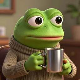A Smug Pepe the Frog wearing a sweater and drinking out of a shiny coffee mug, detailed, very detailed, heavily detailed, HD Quality, 4k Resolution, 8k Resolution, Epic, Awesome, Detailed Face, Very Detailed Face
