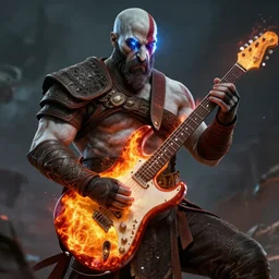 kratos shredding on a flaming stratocaster guitar guitar, cinematic render, god of war 2 0 1 8, santa monica studio official media, lightning, stripe over eye