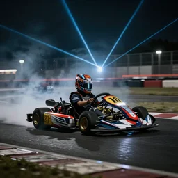 young go - kart racer taking a corner at speed on a race track, motion blur lights, laser, smoke, debris, fast movement, light streaks, dark mood, night time, formula 1